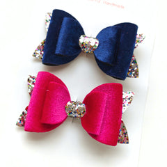 Luxurious Velvet Bow Headband Set of 2- Blue & Pink Sapphire