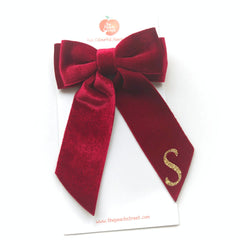 Monogrammed Velvet Bow S- Dark Red