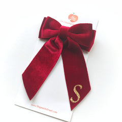 Monogrammed Velvet Bow S- Dark Red