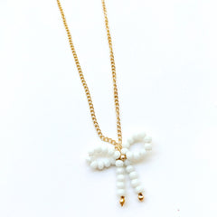 White Beaded Bow Necklace