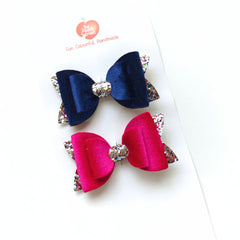 Luxurious Velvet Bow Headband Set of 2- Blue & Pink Sapphire