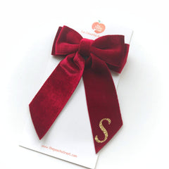 Monogrammed Velvet Bow S- Dark Red