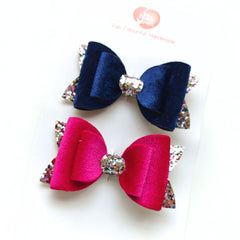 Luxurious Velvet Bow Headband Set of 2- Blue & Pink Sapphire