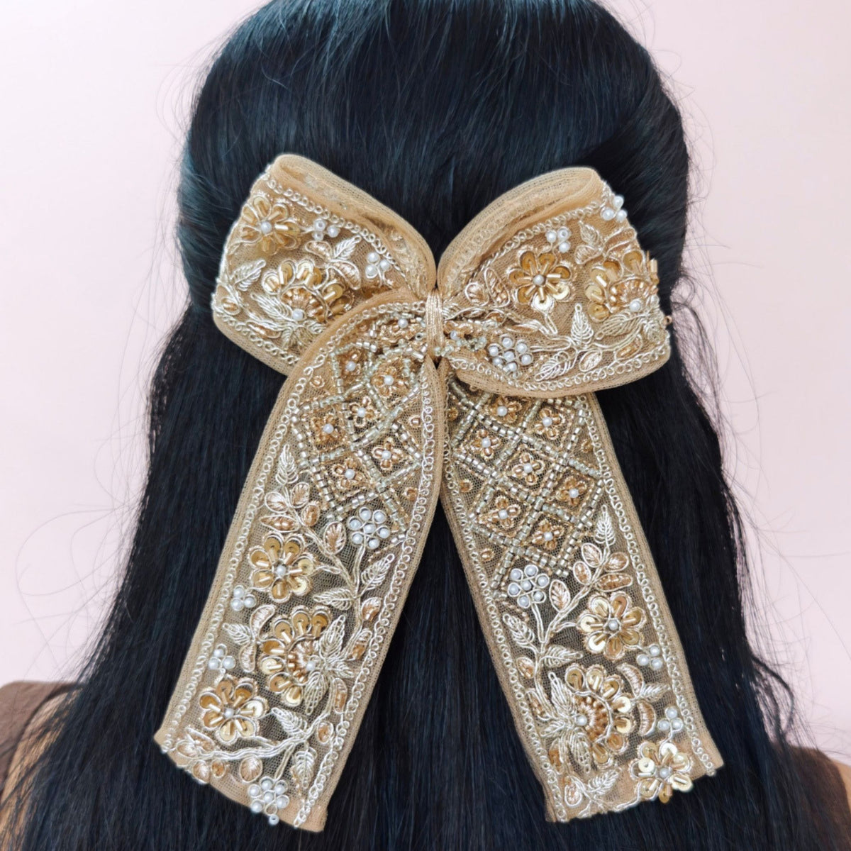 Champagne Garden Embroidered Bow Hair Clip