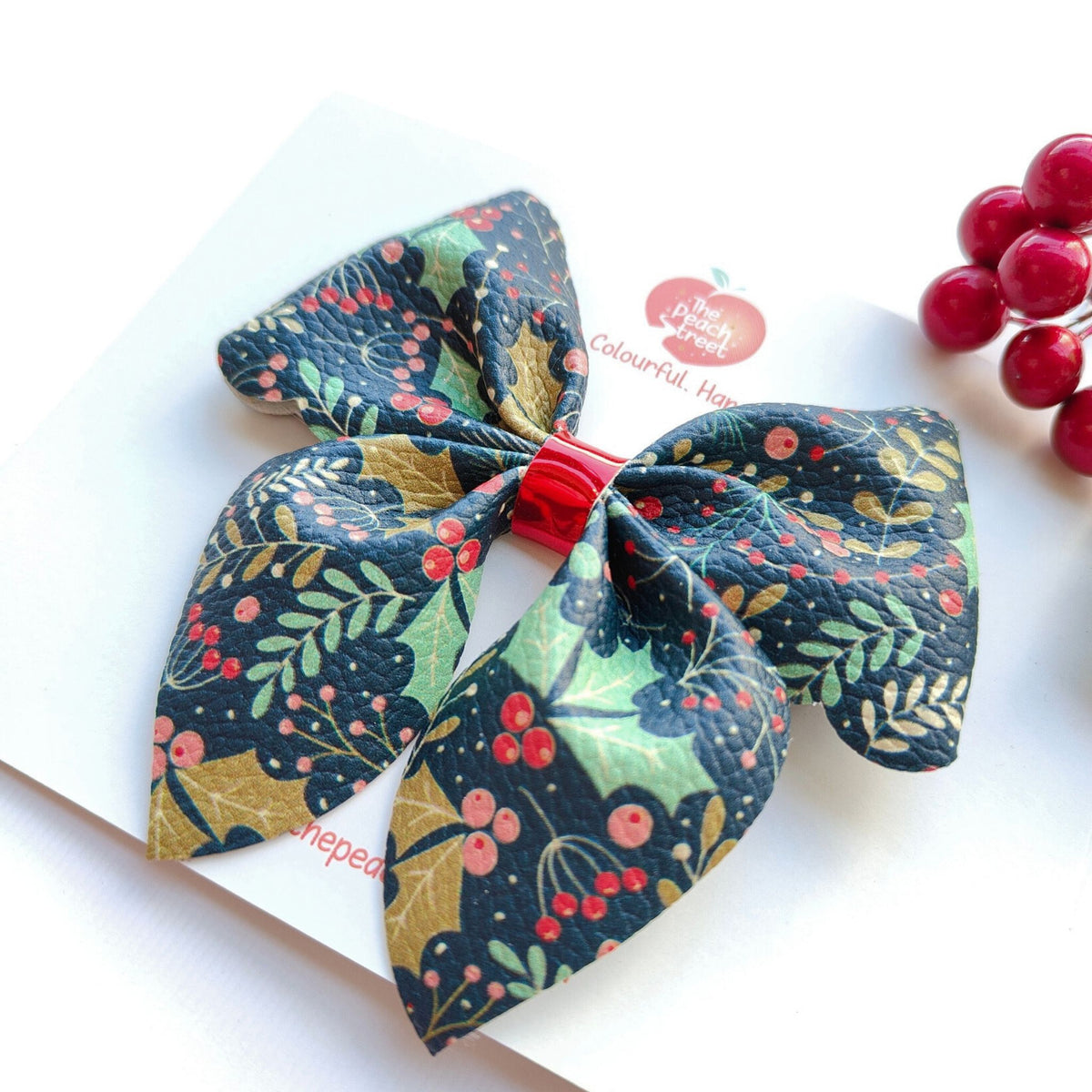 Holly Print Scalloped Pinch Bow