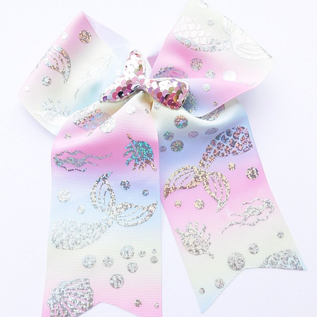 Mermaid Tail Silver Foil Print Cheer Bow