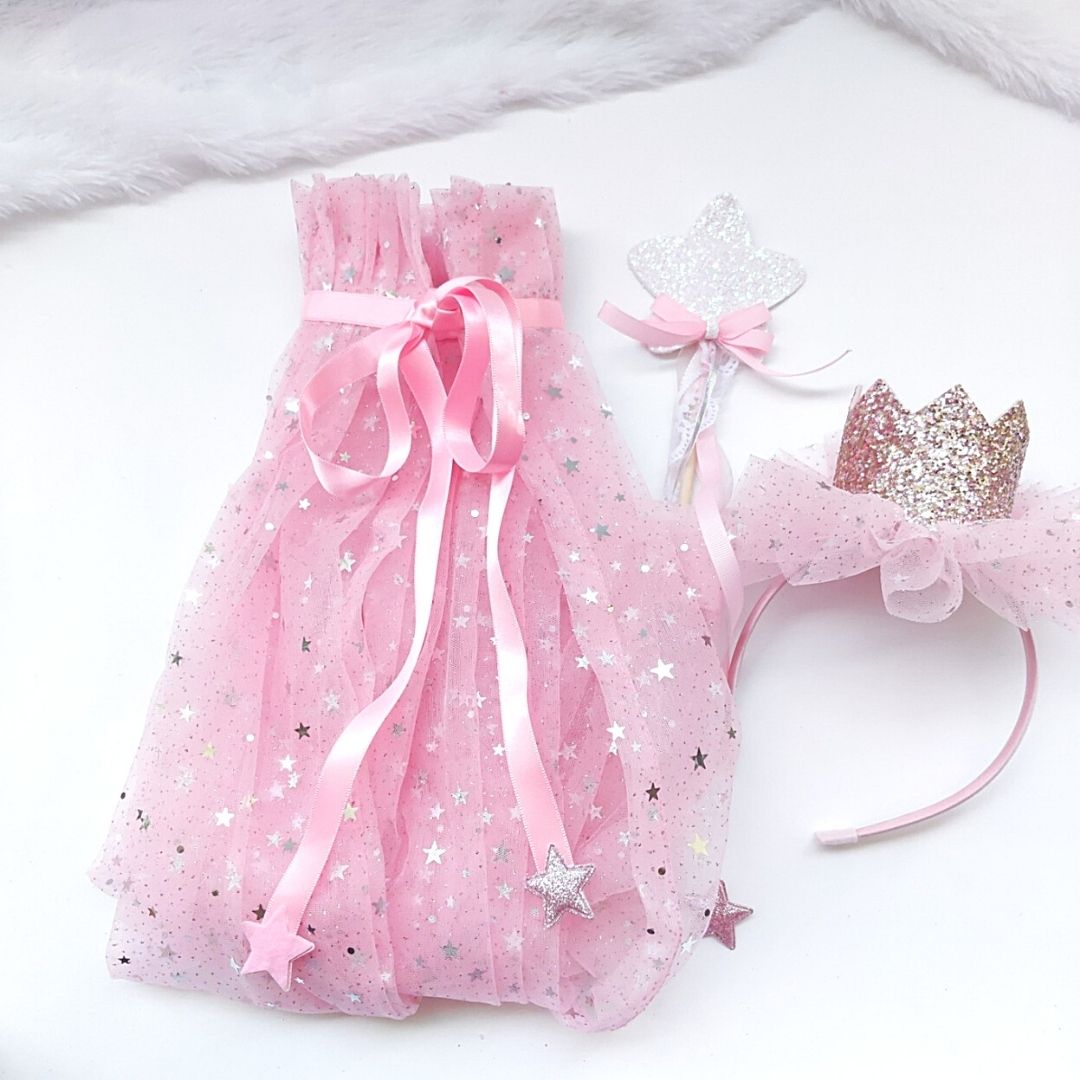 Magical Sparkly Cape/Wand/Crown- Baby Pink